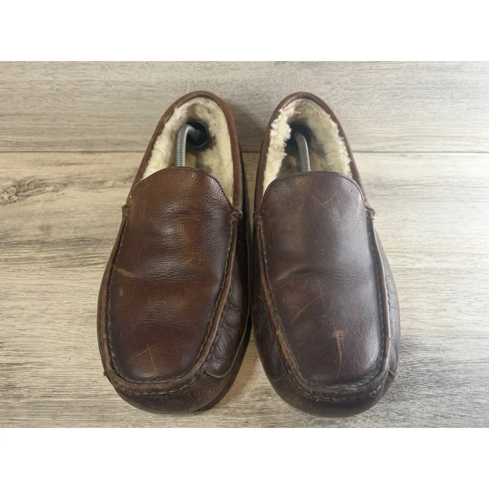 UGG Ascot 5379 Mens 15 Brown Leather Shearling Moccasin Loafer Slippers Comfort
